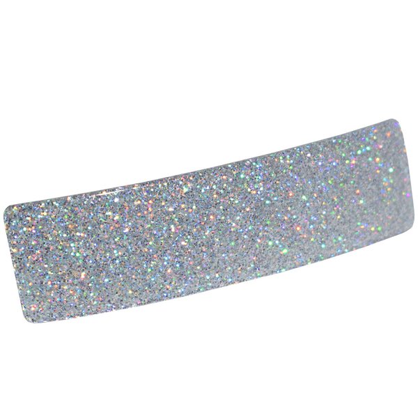 French Amie Rectangular Silver Glitter 3 1/4” Strong Celluloid Acetate Handmade Automatic Hair Clip Barrette with Golden Clasp for Women and Girls, Made in France