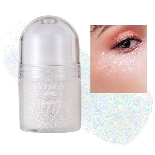 GL-Turelifes Body Glitter Gel, Roll-on Face Glitter for Body Face, Eye, Lip &Hair Festival Rave Accessories, Holographic Mermaid Glitter Gel,Body Shimmer Halloween Makeup (#04 Class White)