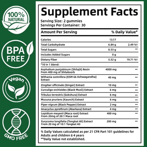 10-in-1 True Alpha Shilajit Gummies, 4000mg Himalayan Alpha Gummies for Men, Energy Boost, Immune Support, with Ashwagandha, Maca Root, Tongkat Ali, Fulvic Acid, 85+Trace Mineral, No Added Sugar, 60ct