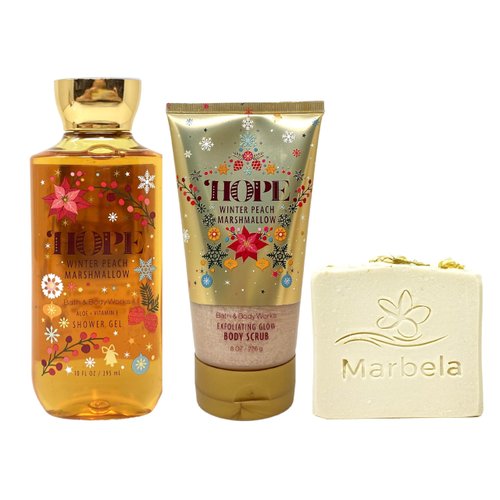 Bath & Body Works HOPE Winter Peach Marshmallow Shower Gel and Body Scrub Gift Set with a Wild Jasmine Bar Soap - Full Size
