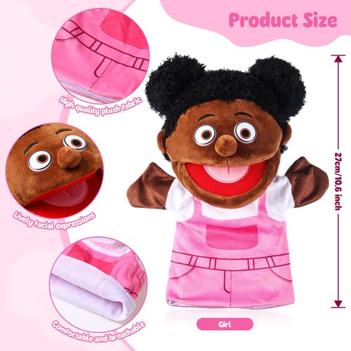1 Pcs Family Hand Puppets 13 Inch Grandparents, Mom & Dad, Brother & Sister Plush Hand Puppet Toys Role-Play Toy Puppets for Kids Storytelling Imaginative Pretend Play Teaching Preschool(Black Sister)