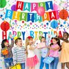 Happy Birthday Decorations Kit: Happy Birthday Banner,Birthday Dots Design Plastic Backdrop, Circle Confetti Garland, Swirl Streamers, Honeycomb Balls & Party Balloons - Table Centerpiece Set