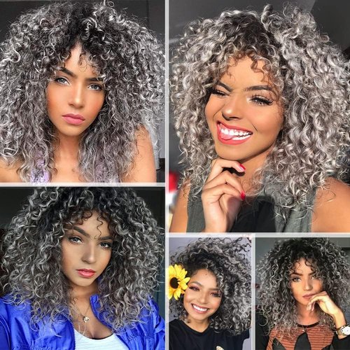 Daiaces Grey Ombre Curly Wig for Black Women Kinky Afro Curly Wigs with Bangs Hair Shoulder Length Ombre Grey Wig With Bangs Heat Resistant Synthetic Hair for Daily Use