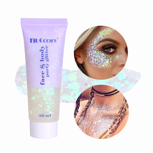 Yeweian White Face Body Glitter, Singer Concerts Music Festival Rave Accessories, Mermaid Face Glitter Gel, Sparkling Holographic Chunky Glitter for Lip Eye Hair Body Glitter Makeup, 50ML(06 White)