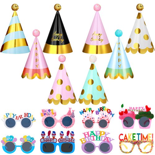 Gersoniel 16 Pcs Birthday Party Hats for Adults Rainbow Colorful Sunglasses Cone Birthday Decorations Supplies (Glitter Style)
