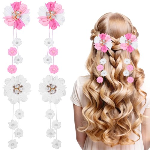 4PCS Girls Hair Clips Pink White Hair Bow Ribbons, Cute Flower Girl Bows Grosgrain Ribbon Hairbows with Alligator Clips Girl Hair Accessories for Kids Teen Back to School