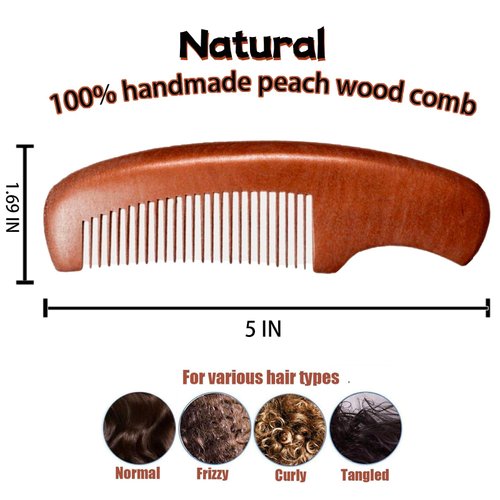 Hair Comb, 5" Handmade 100% Natural Peach Wooden Comb with Handgrip, Premium Fine Tooth Anti Static Pocket Sandalwood Scent Detangler Comb.