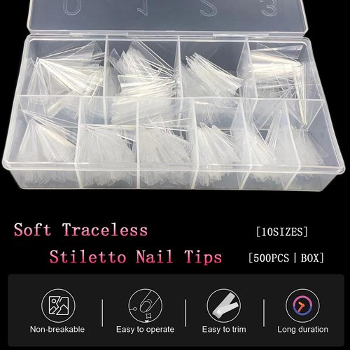 500PCS Stiletto Nail Tips SWETIDY Extra Long Nails Clear Nail Tips Half Cover Nail Tips XL Stiletto Shape Nail Tips Artificial Acrylic Nails Pointed Press On Nails for Halloween Nail Salon and Home DIY 10 Sizes with Box