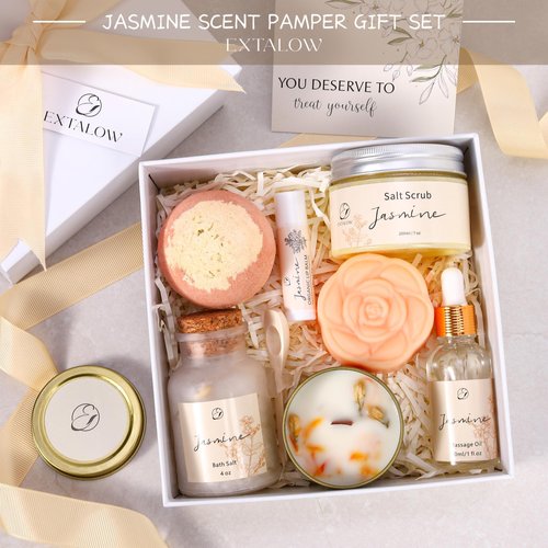 EXTALOW Spa Gifts for Women Christmas Gifts Jasmine Bath Gift Baskets Relaxing Self Care Gift for Mom Her Sister Wife Auntie Home Bath Care Package Thank You Gift Birthday Gift Friendship Ideas