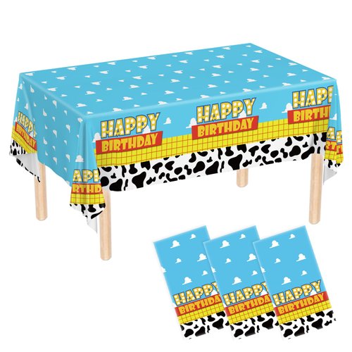 AURORAPARTY 3pcs Toy Birthday Story Party Tablecloth Cartoon Table Cover Cow Blue Sky Cloud Kids Plastic Rectangle Disposable Birthday Party Decorations 54 x 108 inch