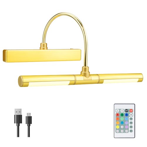 HONGUT Cordless Painting Lights with Remote, Rechargeable Picture Light, 28 LEDs Rotatable Light Head with 12 Color Changing, Dimmable Display Light with Timer for Frame, Portrait, Art, Dartboard-Gold