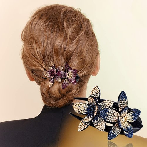 6 Pack Rhinestone Double Flower Hair Clip for Women Girls, Crystal Duckbill Clip Hairpin with Teeth Non-Slip Women Elegant Hair Dovetail Clips for Thick Long Hair Accessories