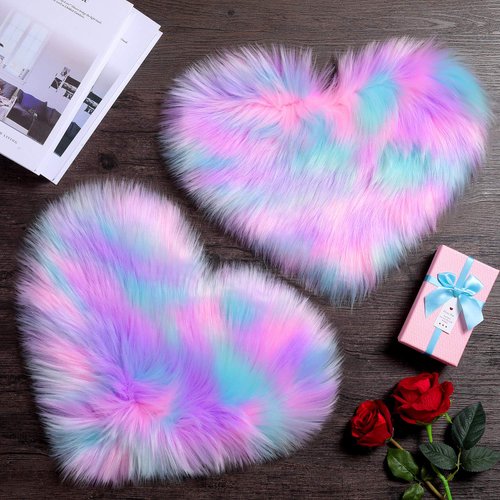 Mudder 2 Pieces Heart Shaped Rug Fluffy Faux Area Rug Bushy Room Carpet for Home Living Room Sofa Floor Bedroom, 12 x 16 Inch(Pink, Purple, Green)