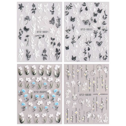 JMEOWIO 3D Embossed Flower Spring Nail Art Stickers Decals Self-Adhesive Pegatinas Uñas 5D Summer Colorful Floral Nail Supplies Nail Art Design Decoration Accessories 4 Sheets