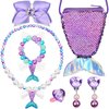 MTLEE 6 Pieces Mermaid Necklace Bracelet Set, Mermaid for Girls Including Fake Pearl Necklace Bracelet Purse Ring Bow Hair Clip Earrings Ring Pretend Play Christmas Mermaid Party Decorations
