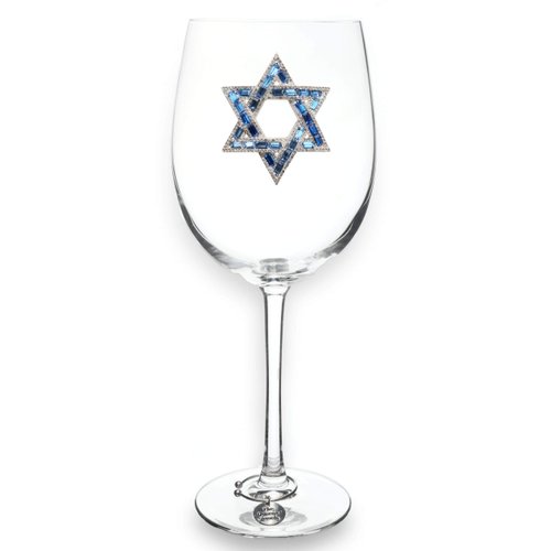 THE QUEENS' JEWELS Star of David Jeweled Stemmed Wine Glass, 21 oz. - Unique Gift for Women, Birthday, Cute, Fun, Hanukkah, Not Painted, Decorated, Bling, Bedazzled, Rhinestone