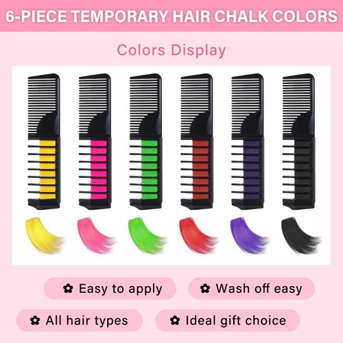 SPRINGSUGAR 6 PCS Hair Chalk Comb Set Temporary for Girls Kids Makeup Kit, Washable Hair Chalk for Christmas Gifts Toys Birthday Cosplay Festivals Hair DIY Party (Black+Green+Pink+Yellow+Purple+Red)