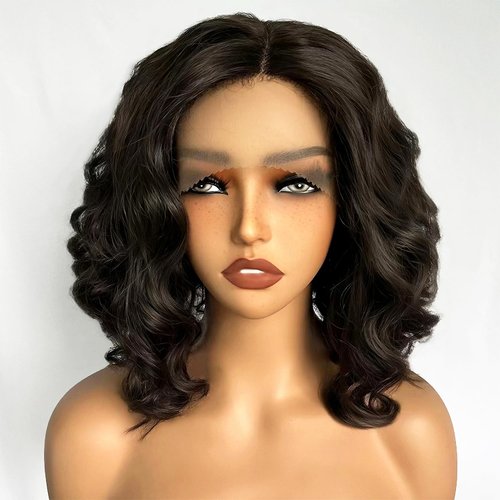 SOKU Short Bob Lace Front Wigs Synthetic 12 Inch Loose Wave Lace Front Wigs Middle Part Dark Brown Curly Wigs for Black Women Transparent T-part Lace