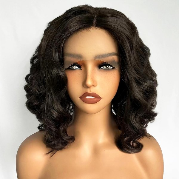 SOKU Short Bob Lace Front Wigs Synthetic 12 Inch Loose Wave Lace Front Wigs Middle Part Dark Brown Curly Wigs for Black Women Transparent T-part Lace