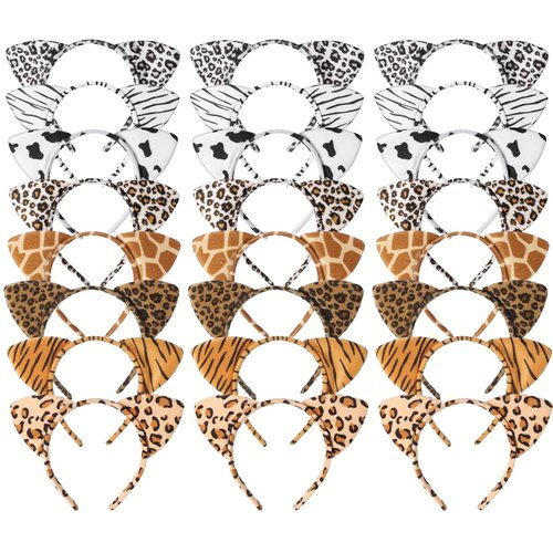 Hoemwarm Animal Ears Headband Assortment - Cheetah, Zebra, Leopard Ears Hairbands for Forest Theme Birthday, Cosplay Party Decorations and Supplies (24 Pieces)