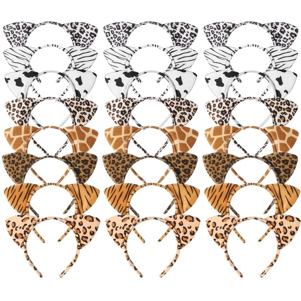 Hoemwarm Animal Ears Headband Assortment - Cheetah, Zebra, Leopard Ears Hairbands for Forest Theme Birthday, Cosplay Party Decorations and Supplies (24 Pieces)
