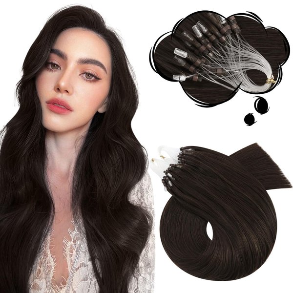 Moresoo Brown Microbead Hair Extensions Human Hair Micro Beads Hair Extesnions Human Hair Darkest Brown Hair Extensions Micro Link Human Hair Extensions For Black Women 50G/50S 20In