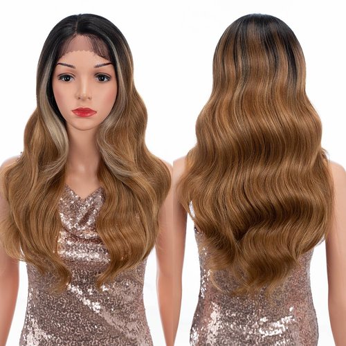 REBECCA STYLE Long Body Wave Wigs for Women 13x4 HD Synthetic Lace Front Wig with Natural Hair Line 20 Inch Side Part Black Synthetic Curly Wigs Glueless Heat Resistant Replacement Wig (Ombre Blonde)