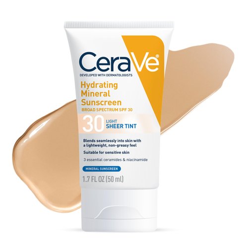 CeraVe Hydrating Mineral Sunscreen SPF 30 with Sheer Tint, Tinted Mineral Sunscreen with Zinc Oxide & Titanium Dioxide, Blends Seamlessly For Healthy Glow, Stocking Stuffers, Light, 1.7 Oz
