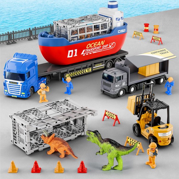 iPlay, iLearn Dinosaur Cargo Truck Toys for Kids 3-5, Toddler Trucks Playset W/Boat, Trailer, Transport Container Ship, Forklift Vehicle Accessories, Cool Birthday Gift for 4 6 7 8 Year Old Boy Girl