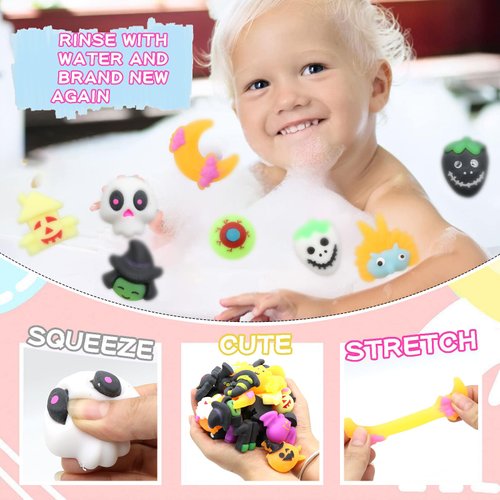 50 PCS Halloween Mochi Squishy Toys, Squishies Halloween Toys Halloween Party Favourite Pumpkin Ghost Spider, Mini Cute,Halloween Decorations Stress Relief Toys for Kids Adults