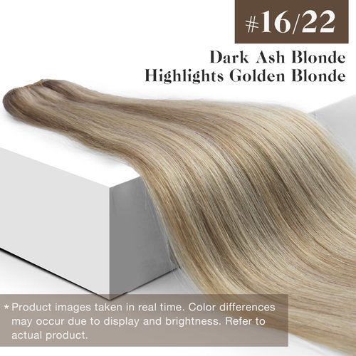 Sunny Human Hair Weft Highlights Hair Extensions Real Human Hair Sew in Blonde Highlight Weft Hair Extensions Human Hair Dark Ash Blonde Highlighted Golden Blonde Sew in Human Hair Bundle 70g 14inch