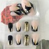 Medium Square Fake Nails French Press on Nails Glossy Glue on Nails Full Cover False Nails with Gradient Gold Glitter Design Black Gold Nail Tips Nude Artificial Fingernails Acrylic Nails for Women