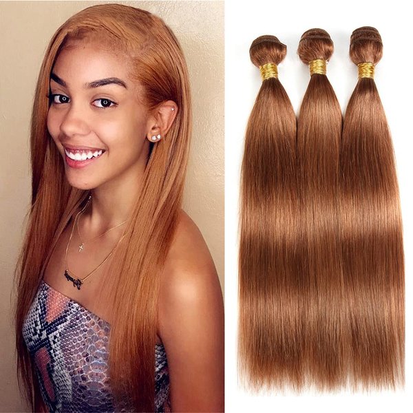Color #30 Human Hair Bundles Light Brown Straight Human Hair Bundles 22 24 26 inch Double Weft Brazilian Remy Hair Extensions Wet and Wavy Bundles Silky Soft For Black Women