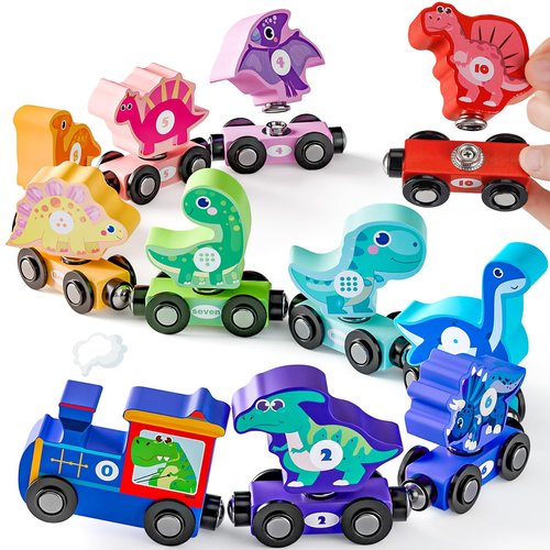Magnetic Wooden Train Set for Toddlers 2-4, Snap Matching Dinosaur Train for 4 3 2 Year Old Boy Birthday Gifts, Dinosaur Toys for Kids 3-5, Toddler Girls Montessori Toys Preschool Learning Activities
