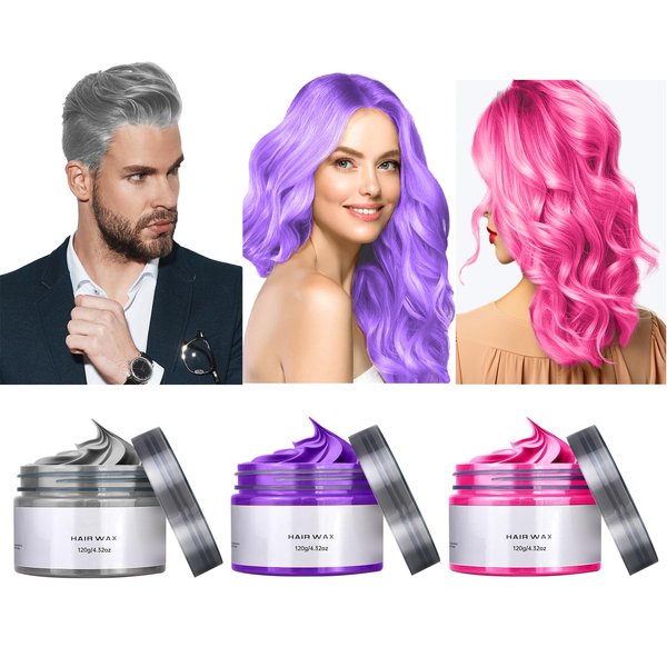 Temporary Hair Color Wax Kit, 3pcs Hair Dye and Makeup Cream for Instant Hairstyles - 4.23 oz Pomades and Chalk for Girls, Kids, Men, Women (Gray, Purple, Pink) Gifts