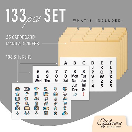 OFFILICIOUS 25 Manila Index Card Dividers 4x6 - Index Card Organizer Dividers with Tabs & 108 Stickers for Index Cards 4x6 - Recipe Card Dividers, Note Card Organizer, Monthly Dividers, Card Stock