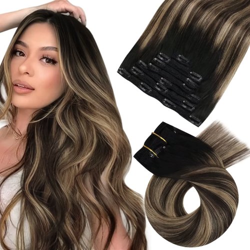 Moresoo Clip in Hair Extensions Balayage Double Weft Hair Extensions Clip in Human Hair Ombre Black to Brown with Caramel Blonde Clip in Human Hair Extensions Full Head 18inch 7Pcs 120G