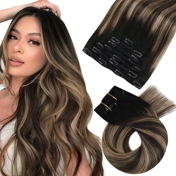 Moresoo Clip in Hair Extensions Balayage Double Weft Hair Extensions Clip in Human Hair Ombre Black to Brown with Caramel Blonde Clip in Human Hair Extensions Full Head 18inch 7Pcs 120G
