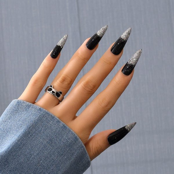 ANDGING Black Press on Nails Short Medium Stiletto, Fake Nails for Women with Glossy Rhinestone Glitter Design, Full Cover Nails Press on, Reusable Stick on Nails for Wedding Birthday 24Pcs