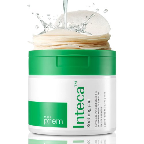 MAKEPREM INTECA Intensive Soothing CICA Facial Toner Pads 70 Unbleached 100% Cotton PHA Mild Exfoliating Vegan 6oz Serum Nano-Sized Centella Instant Calming Effect Acne-Prone Irritated Sensitive Skin