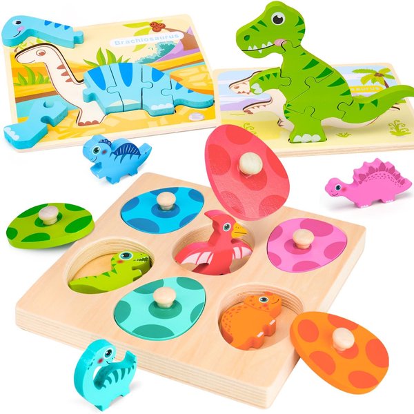 AuntyFey Dinosaur Wooden Toddler Puzzle 1-3 with Dinosaur Eggs Peg Puzzles, Montessori Toys for 1 2 Year Old Boy Girl, Kid Wooden Puzzles Ages 2-4, Dinosaur Toy for Toddler, Learning Preschool Puzzle