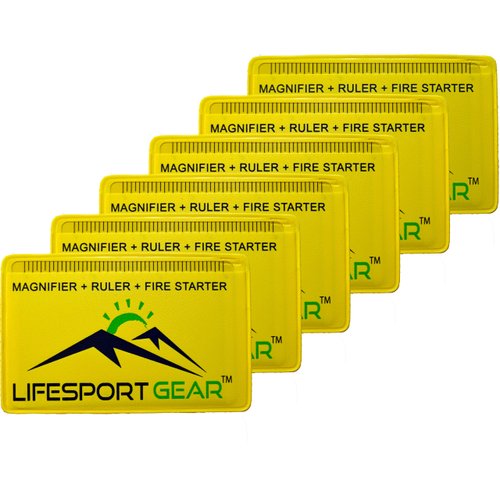 Lifesport Gear Fresnel Lens Pocket Magnifier Credit Card Wallet Size 6 Pack, Portable Ruler and Emergency Solar Fire Starter, Compact Magnifying Glass Home Office Outdoor Survival Bushcraft (Yellow)