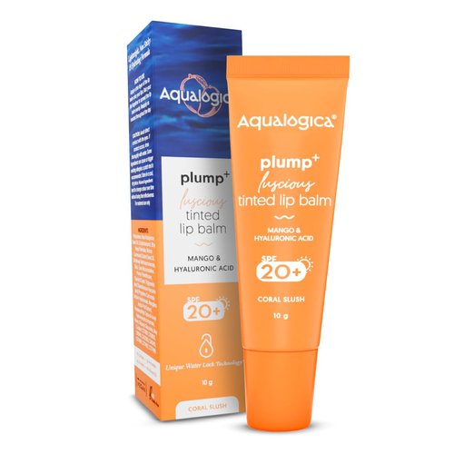 Aqualogica Coral Slush Plump+ Luscious Tinted Lip Balm with SPF 20+ | with Mango & Hyaluronic Acid | Hydration with Sun Protection | Relieves Dryness & Gives Soft Lips | 0.35 Oz/10g