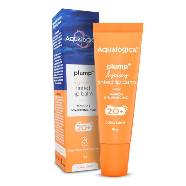 Aqualogica Coral Slush Plump+ Luscious Tinted Lip Balm with SPF 20+ | with Mango & Hyaluronic Acid | Hydration with Sun Protection | Relieves Dryness & Gives Soft Lips | 0.35 Oz/10g