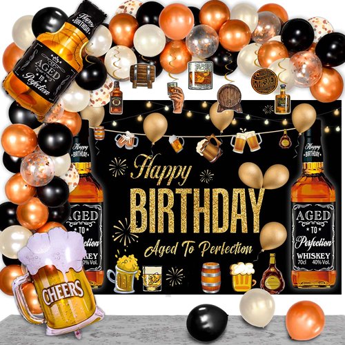 Whiskey Party Decorations for Men, 82 Pcs Aged To Perfection Party Supplies Whiskey Balloons Garland Arch Kit with Foil Balloons, Backdrop, Hanging Swirls 30 40 50 Birthday Party Decorations For Men