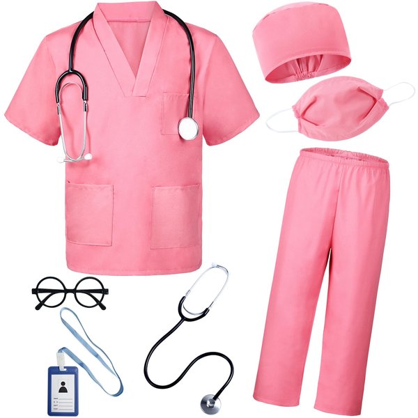 BOMLY Doctor Costume for Kids 7Pcs Toddler Nurse Scrubs Set With Halloween Dress Up Costumes for Boys and Girls Ages 3-11 (Pink, 5T-6T)