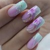 Press on Nail Square Medium Artificial Acrylic Nails Marble Pattern False Nails Gradient Flower Design French Fake Nails Full Cover Glossy Reusable Coffin Nails Glue on Nails for Women 24Pcs