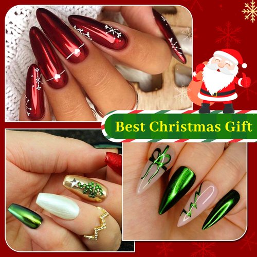 Christmas Chrome Nail Powder, Red Chrome Powder For Nails & X'mas Gold Green Metallic Mirror Nail Chrome Powder & Silver Rose Gold Pink Blue Purple Solid Chrome Powder for Nail Art