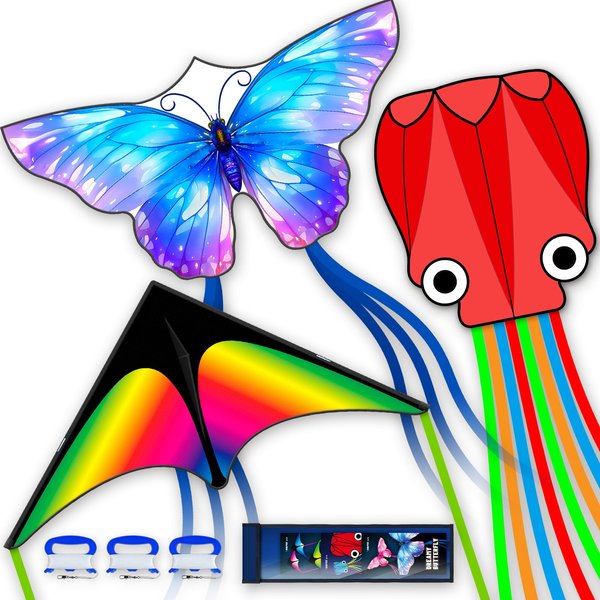 SGftre 3 Piece Set Butterfly Delta Octopus Kites for Kids and Adults，Easy to Fly for Outdoor Adults Children Line Kite for Kids Toy (Gradient Grassland Rainbow+Octopus Red+Blue Dreamy Butterfly, 3)