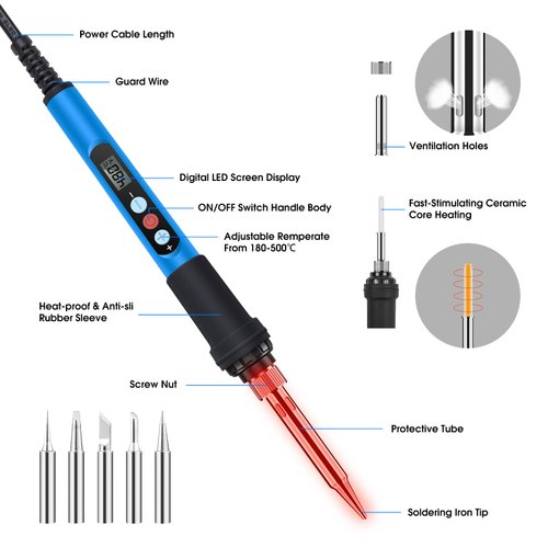 ANBES Soldering Iron Kit, 90W 110V Fast Heat up LCD Digital Soldering Gun kit with Ceramic Heater, 10 in 1 Adjustable Temperature Soldering Kit with Tips, Flux Paste, Stand, Solder Tube, Sponge